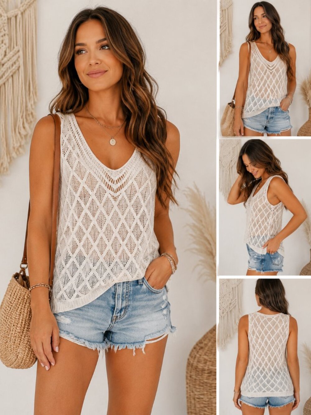 POL Ivory Open Knit Crochet Tank Top OS Boho Sleeveless Layering Pullover NWT